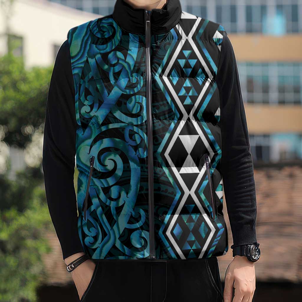 Turquoise Aotearoa Sleeveless Puffer Jacket Taniko Motifs With Paua Shell Kowhaiwhai - Aussie Hoodie