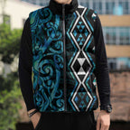 Turquoise Aotearoa Sleeveless Puffer Jacket Taniko Motifs With Paua Shell Kowhaiwhai - Aussie Hoodie