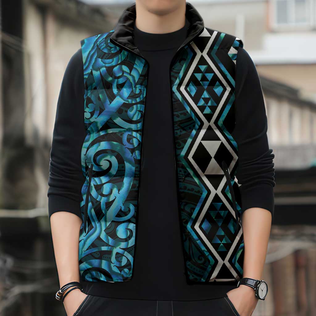 Turquoise Aotearoa Sleeveless Puffer Jacket Taniko Motifs With Paua Shell Kowhaiwhai - Aussie Hoodie