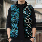 Turquoise Aotearoa Sleeveless Puffer Jacket Taniko Motifs With Paua Shell Kowhaiwhai - Aussie Hoodie