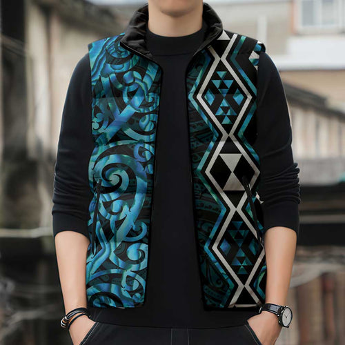 Turquoise Aotearoa Sleeveless Puffer Jacket Taniko Motifs With Paua Shell Kowhaiwhai - Aussie Hoodie