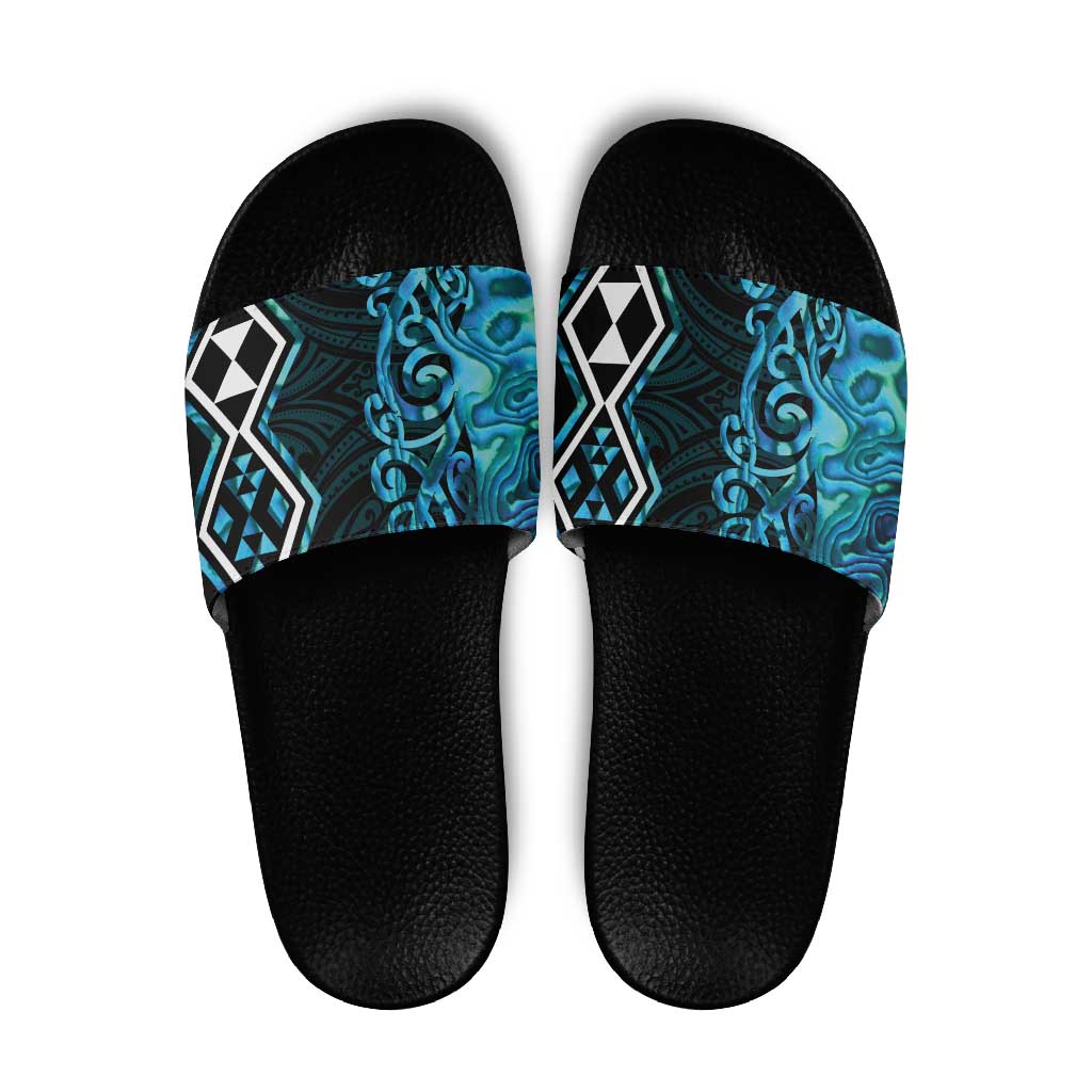 Turquoise Aotearoa Slide Sandals Taniko Motifs With Paua Shell Kowhaiwhai - Aussie Hoodie