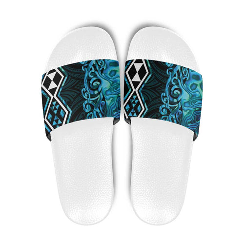 Turquoise Aotearoa Slide Sandals Taniko Motifs With Paua Shell Kowhaiwhai - Aussie Hoodie