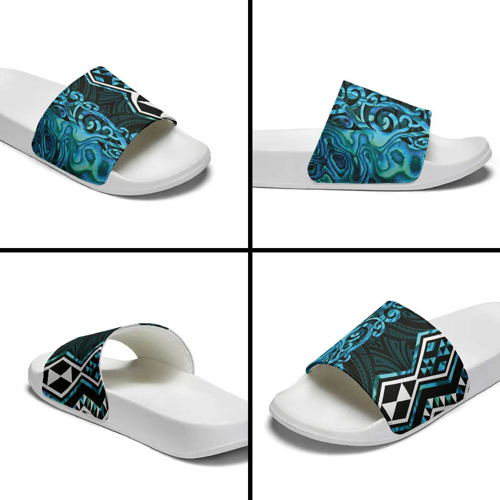 Turquoise Aotearoa Slide Sandals Taniko Motifs With Paua Shell Kowhaiwhai - Aussie Hoodie