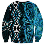 Turquoise Aotearoa Sweatshirt Taniko Motifs With Paua Shell Kowhaiwhai