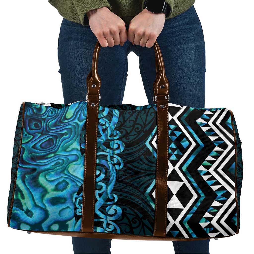 Turquoise Aotearoa Travel Bag Taniko Motifs With Paua Shell Kowhaiwhai - Aussie Hoodie