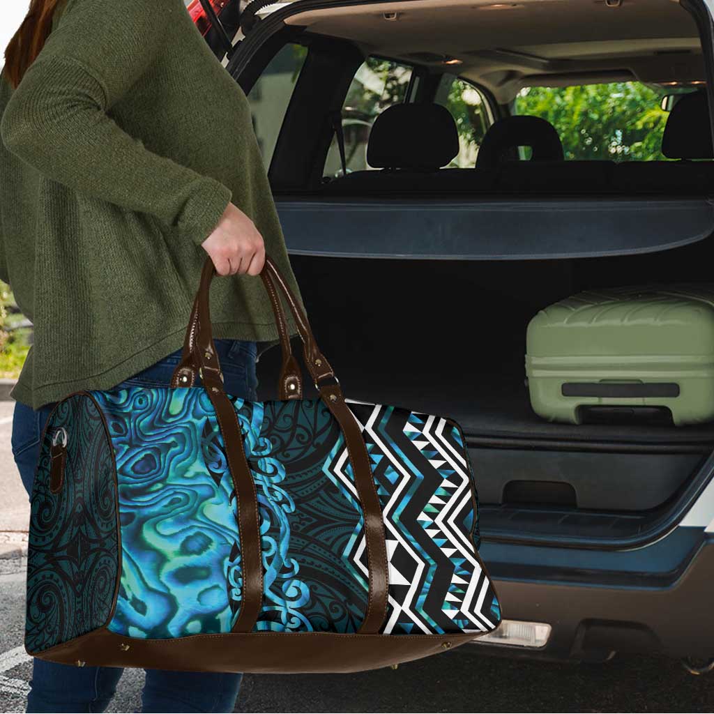 Turquoise Aotearoa Travel Bag Taniko Motifs With Paua Shell Kowhaiwhai - Aussie Hoodie