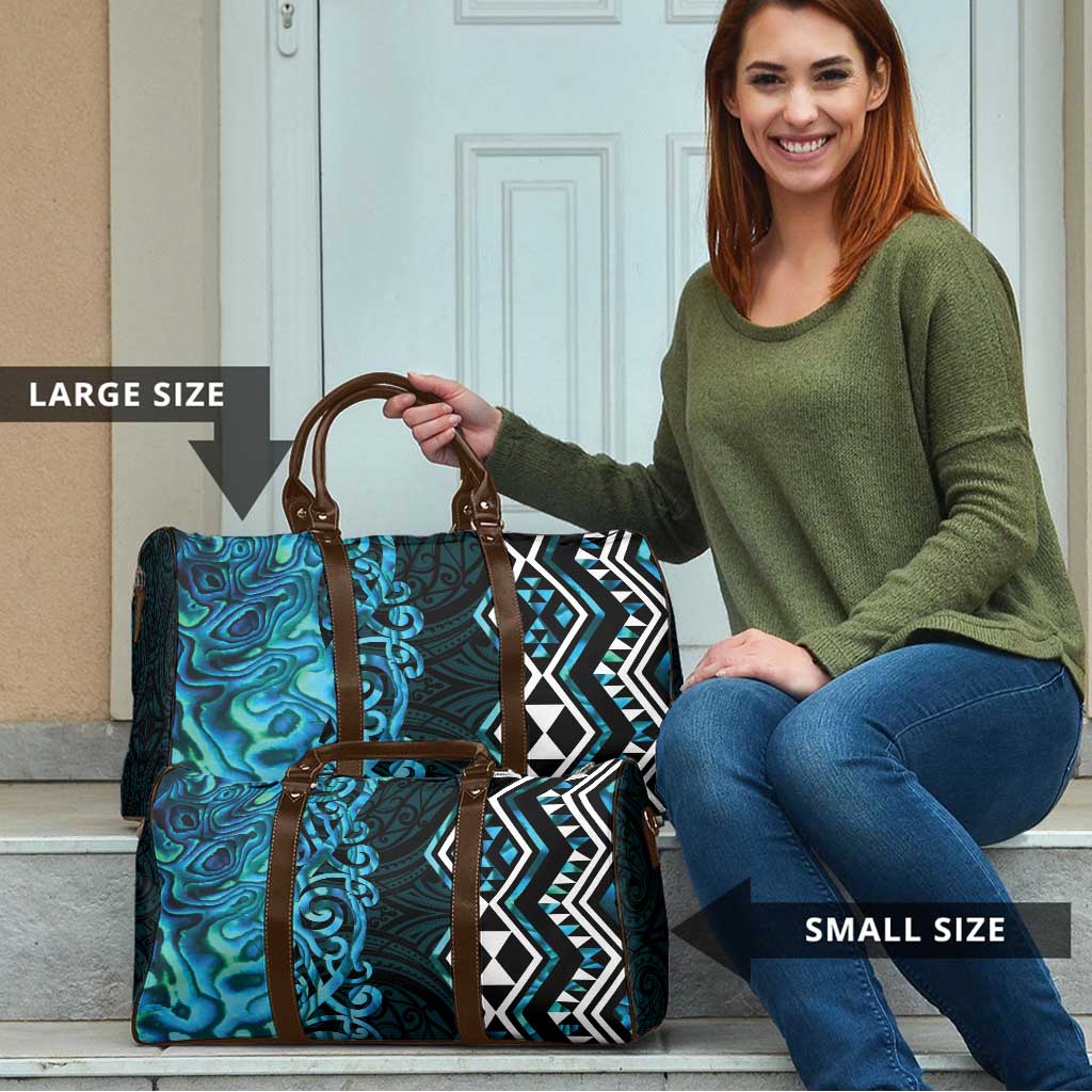 Turquoise Aotearoa Travel Bag Taniko Motifs With Paua Shell Kowhaiwhai - Aussie Hoodie