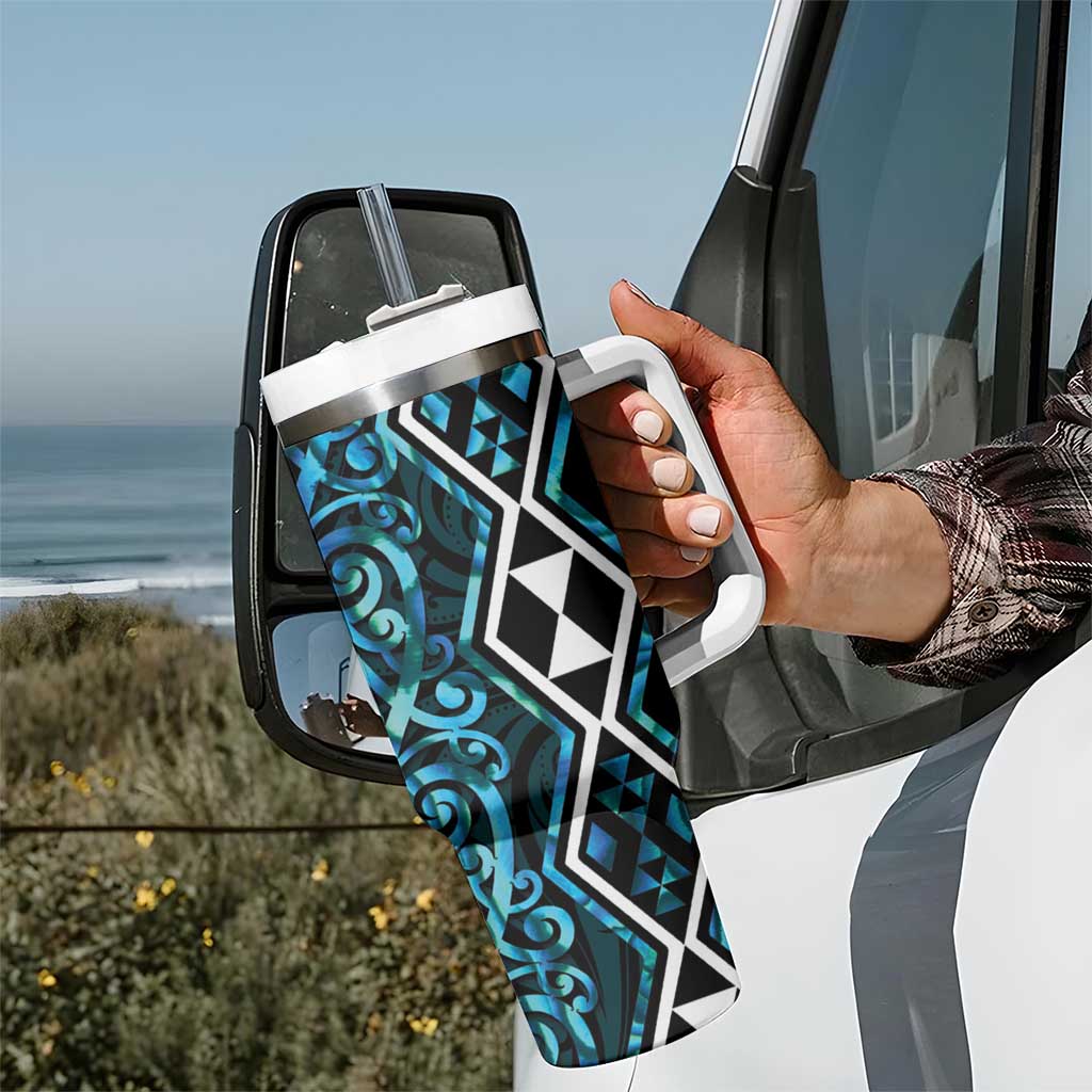 Turquoise Aotearoa Tumbler With Handle Taniko Motifs With Paua Shell Kowhaiwhai