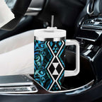 Turquoise Aotearoa Tumbler With Handle Taniko Motifs With Paua Shell Kowhaiwhai