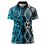 Turquoise Aotearoa Women Polo Shirt Taniko Motifs With Paua Shell Kowhaiwhai
