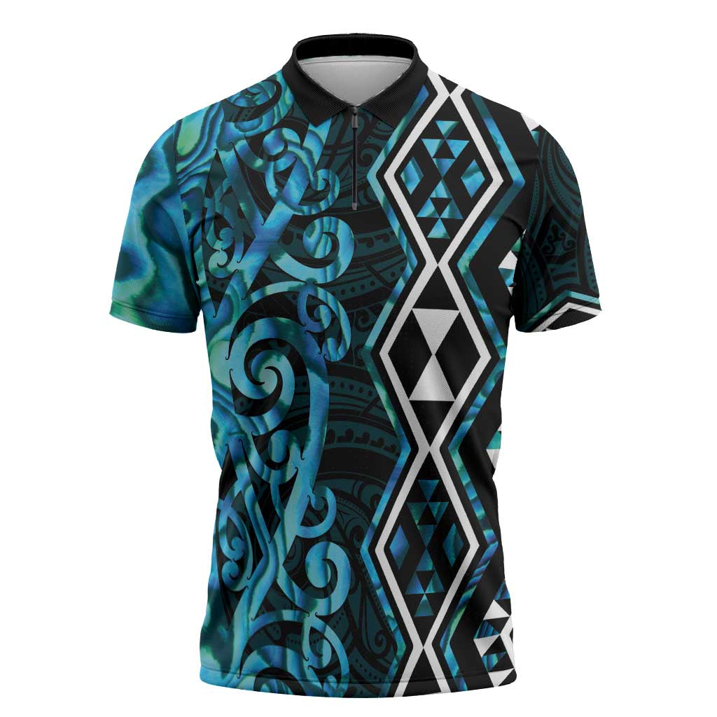 Turquoise Aotearoa Zipper Polo Shirt Taniko Motifs With Paua Shell Kowhaiwhai - Aussie Hoodie