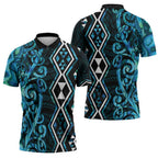 Turquoise Aotearoa Zipper Polo Shirt Taniko Motifs With Paua Shell Kowhaiwhai - Aussie Hoodie