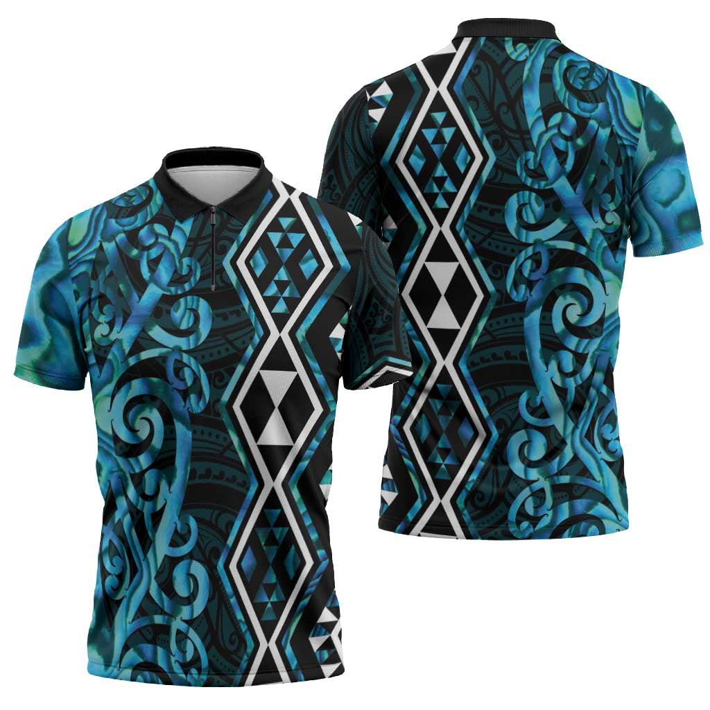 Turquoise Aotearoa Zipper Polo Shirt Taniko Motifs With Paua Shell Kowhaiwhai - Aussie Hoodie