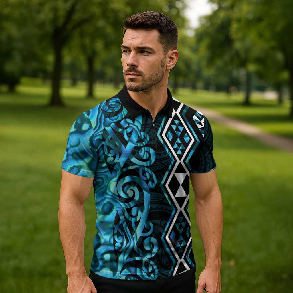 Turquoise Aotearoa Zipper Polo Shirt Taniko Motifs With Paua Shell Kowhaiwhai - Aussie Hoodie