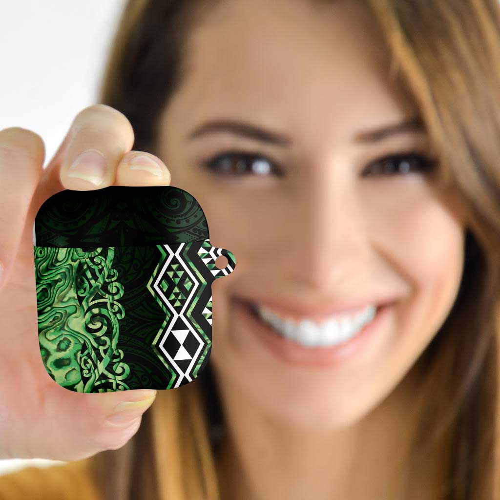 Green Aotearoa AirPods Case Taniko Motifs With Paua Shell Kowhaiwhai - Aussie Hoodie