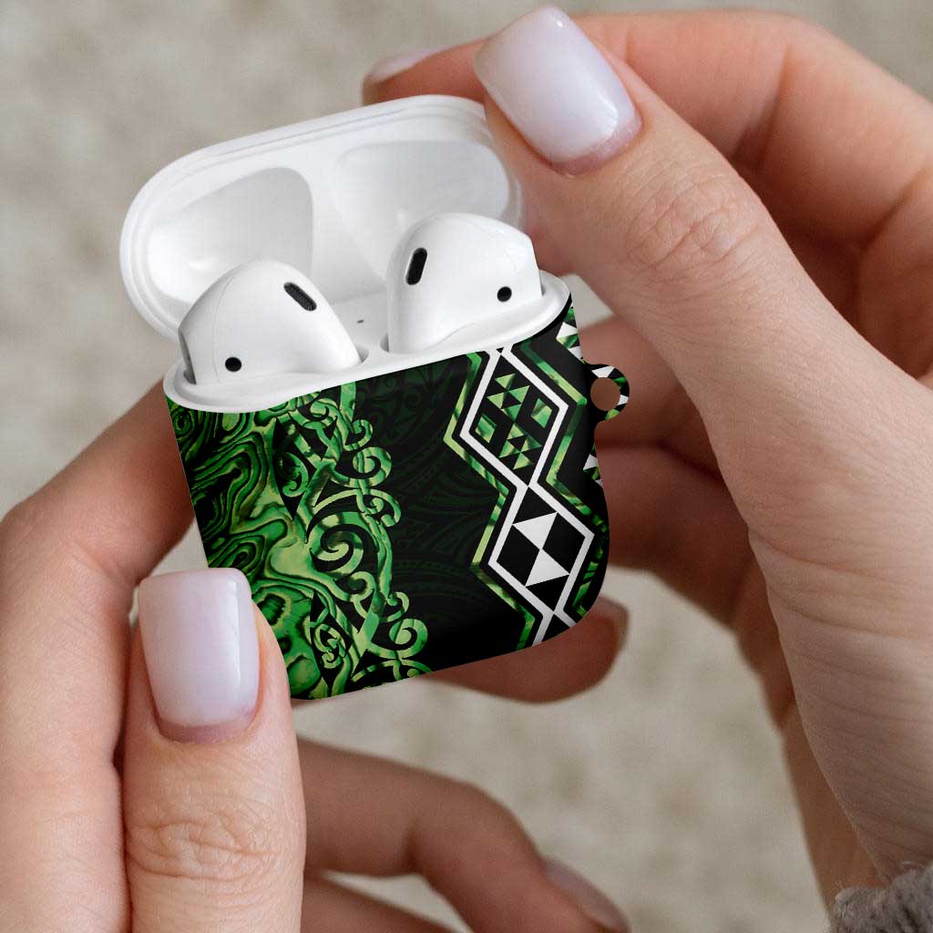 Green Aotearoa AirPods Case Taniko Motifs With Paua Shell Kowhaiwhai - Aussie Hoodie
