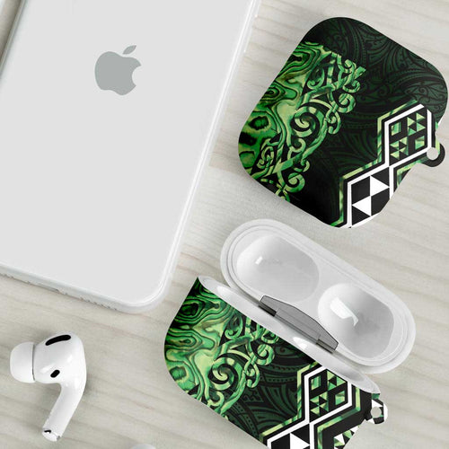 Green Aotearoa AirPods Case Taniko Motifs With Paua Shell Kowhaiwhai - Aussie Hoodie