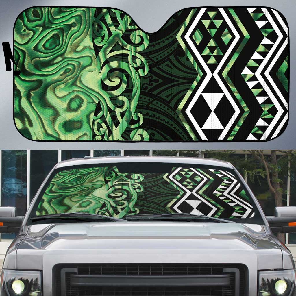 Green Aotearoa Auto Sun Shade Taniko Motifs With Paua Shell Kowhaiwhai - Aussie Hoodie