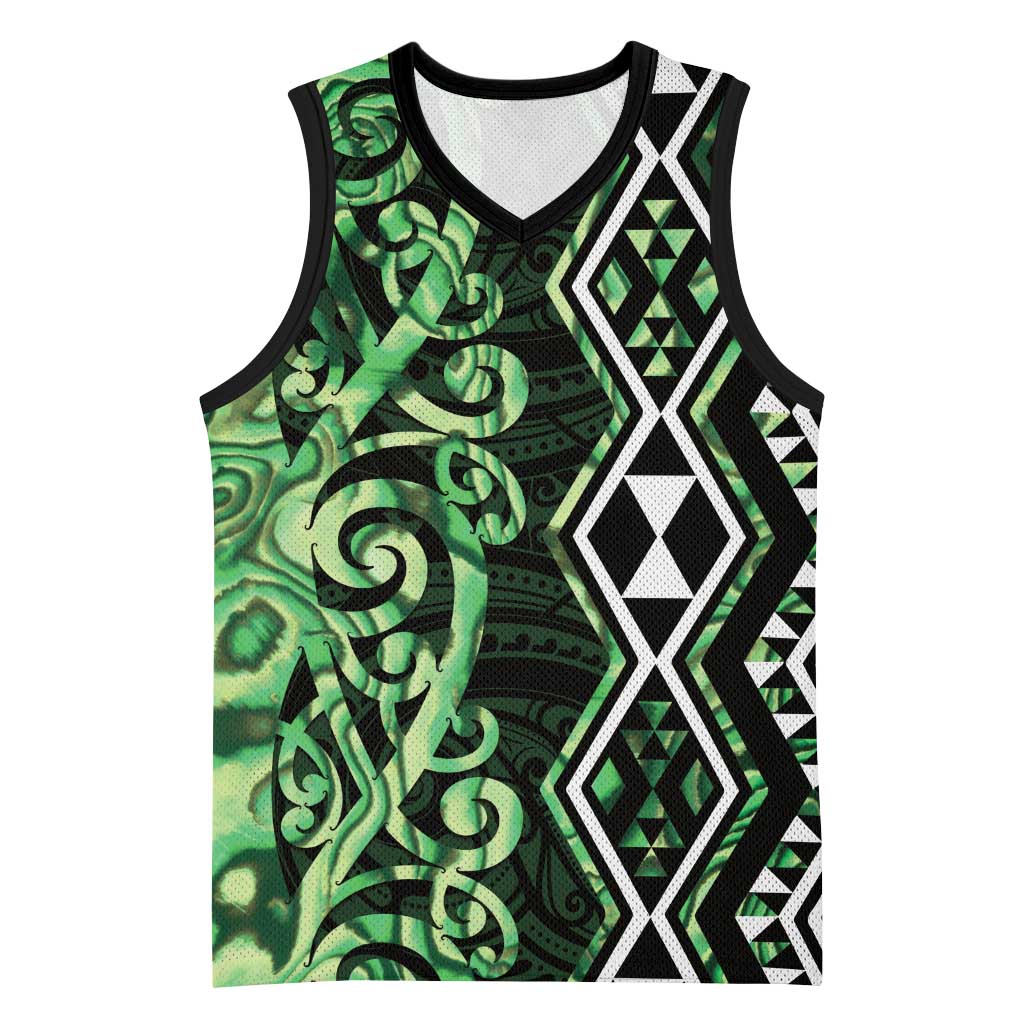 Green Aotearoa Basketball Jersey Taniko Motifs With Paua Shell Kowhaiwhai - Aussie Hoodie