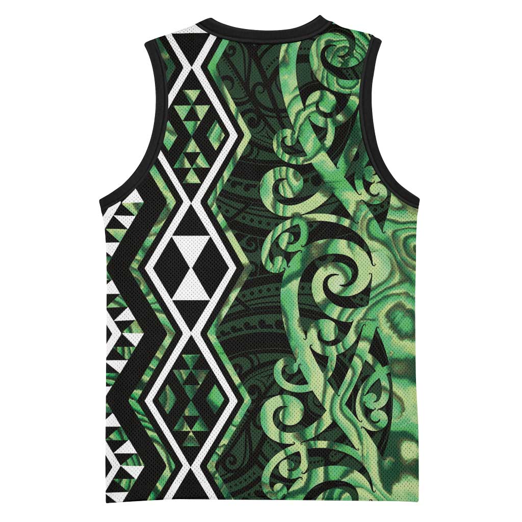 Green Aotearoa Basketball Jersey Taniko Motifs With Paua Shell Kowhaiwhai - Aussie Hoodie