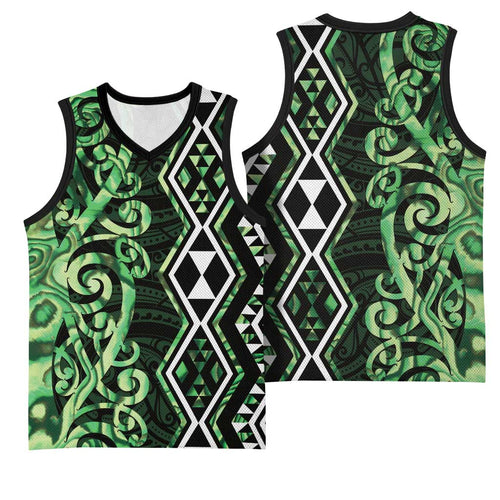 Green Aotearoa Basketball Jersey Taniko Motifs With Paua Shell Kowhaiwhai - Aussie Hoodie