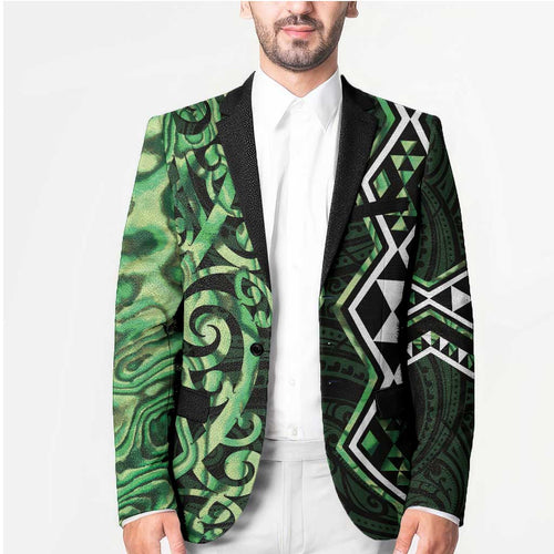 Green Aotearoa Blazer Taniko Motifs With Paua Shell Kowhaiwhai - Aussie Hoodie