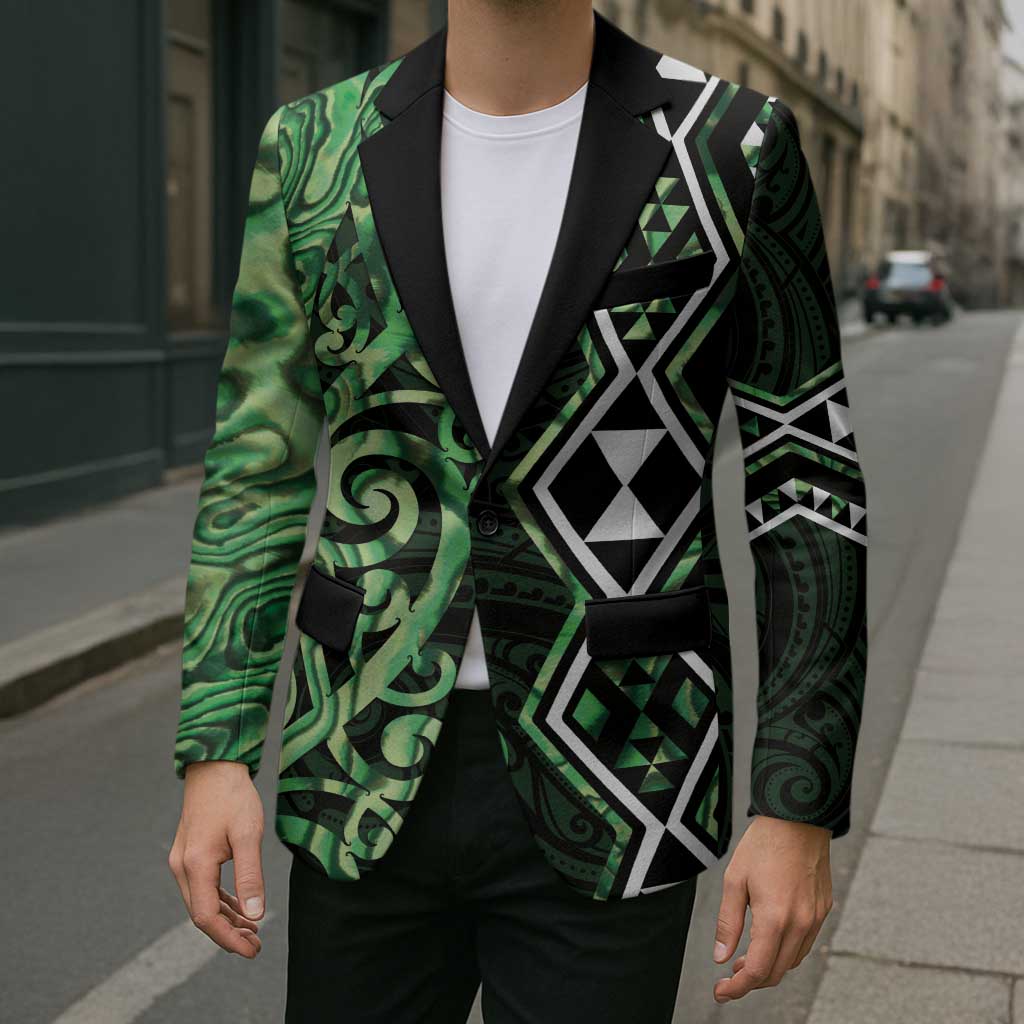 Green Aotearoa Blazer Taniko Motifs With Paua Shell Kowhaiwhai - Aussie Hoodie