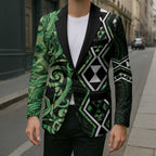 Green Aotearoa Blazer Taniko Motifs With Paua Shell Kowhaiwhai - Aussie Hoodie
