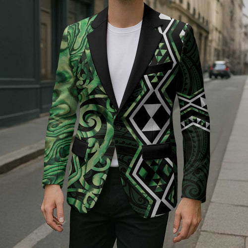 Green Aotearoa Blazer Taniko Motifs With Paua Shell Kowhaiwhai - Aussie Hoodie