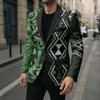 Green Aotearoa Blazer Taniko Motifs With Paua Shell Kowhaiwhai - Aussie Hoodie