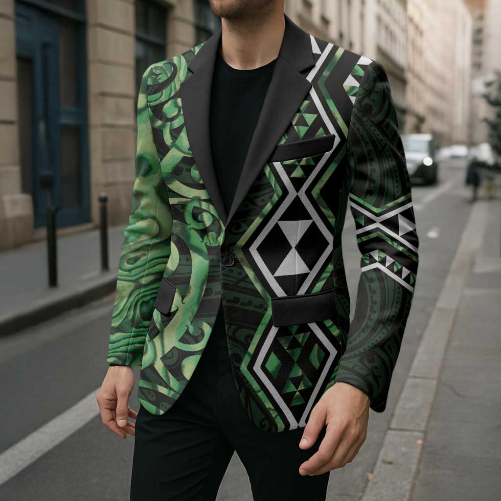 Green Aotearoa Blazer Taniko Motifs With Paua Shell Kowhaiwhai - Aussie Hoodie