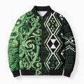 Green Aotearoa Bomber Puffer Jacket Taniko Motifs With Paua Shell Kowhaiwhai - Aussie Hoodie