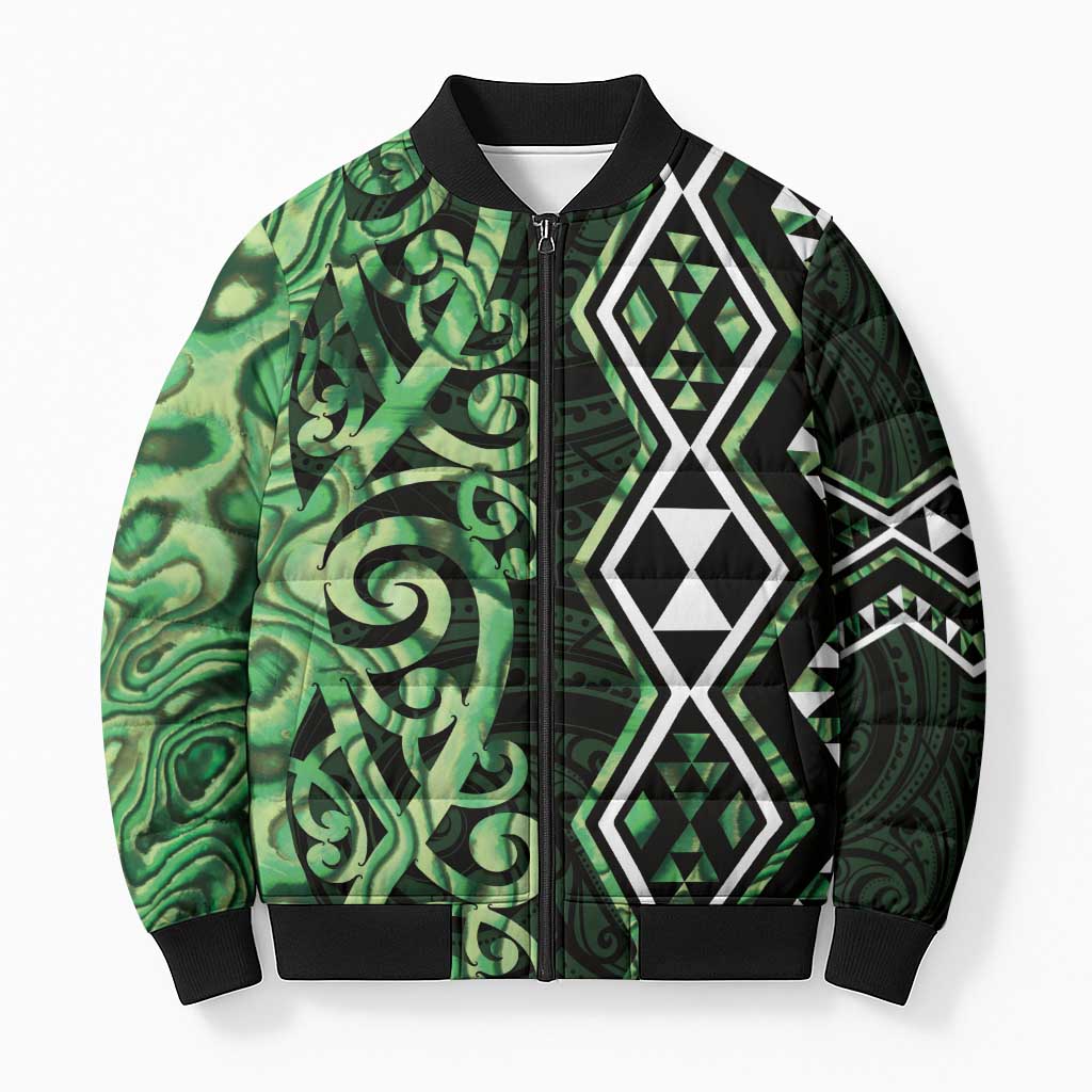 Green Aotearoa Bomber Puffer Jacket Taniko Motifs With Paua Shell Kowhaiwhai - Aussie Hoodie
