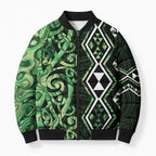Green Aotearoa Bomber Puffer Jacket Taniko Motifs With Paua Shell Kowhaiwhai - Aussie Hoodie