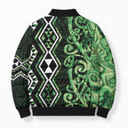Green Aotearoa Bomber Puffer Jacket Taniko Motifs With Paua Shell Kowhaiwhai - Aussie Hoodie