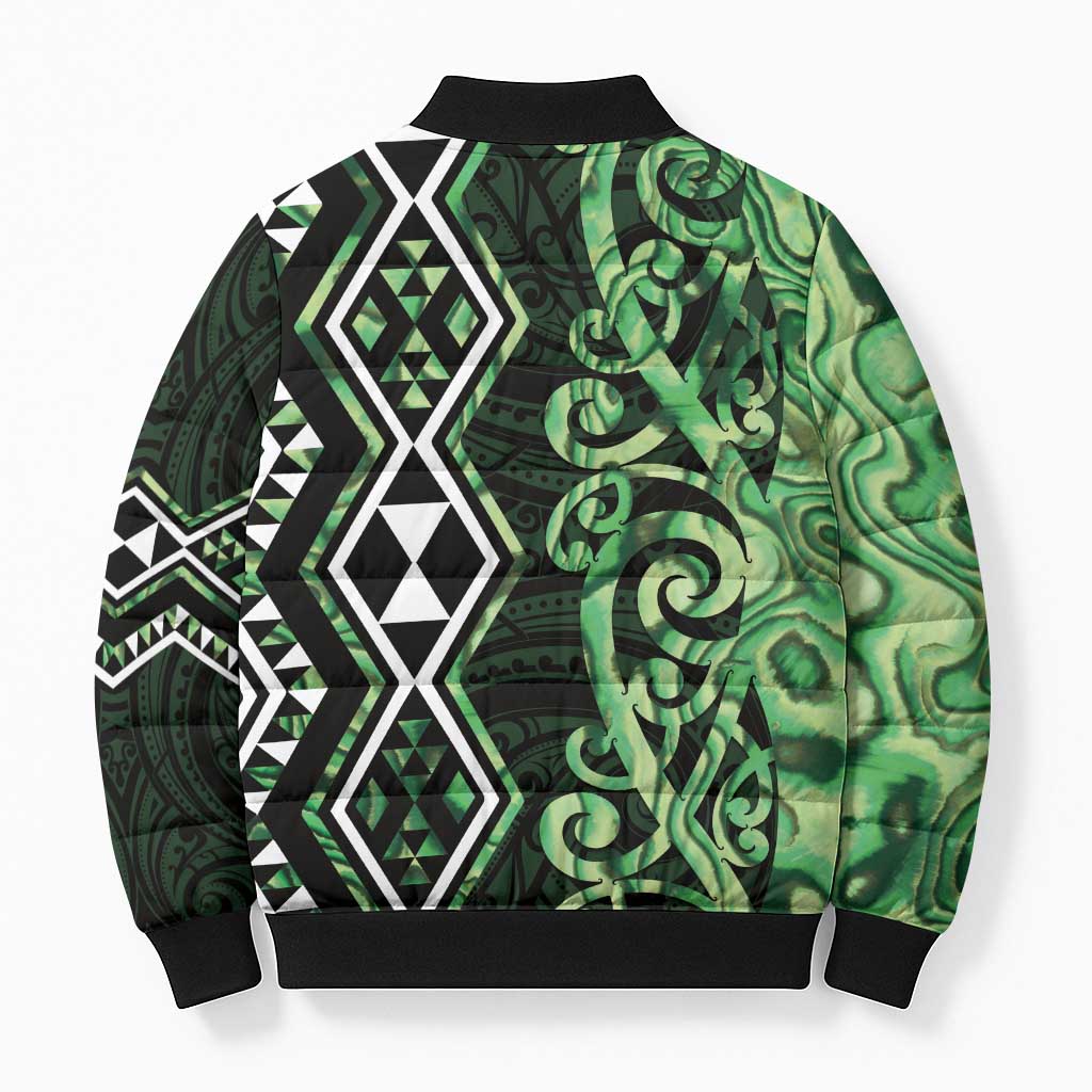 Green Aotearoa Bomber Puffer Jacket Taniko Motifs With Paua Shell Kowhaiwhai - Aussie Hoodie