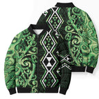 Green Aotearoa Bomber Puffer Jacket Taniko Motifs With Paua Shell Kowhaiwhai - Aussie Hoodie