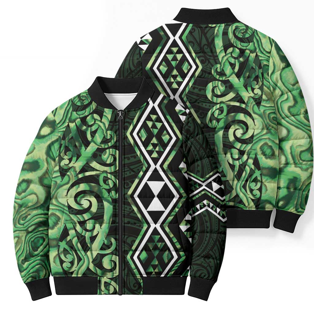 Green Aotearoa Bomber Puffer Jacket Taniko Motifs With Paua Shell Kowhaiwhai - Aussie Hoodie