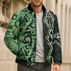 Green Aotearoa Bomber Puffer Jacket Taniko Motifs With Paua Shell Kowhaiwhai - Aussie Hoodie