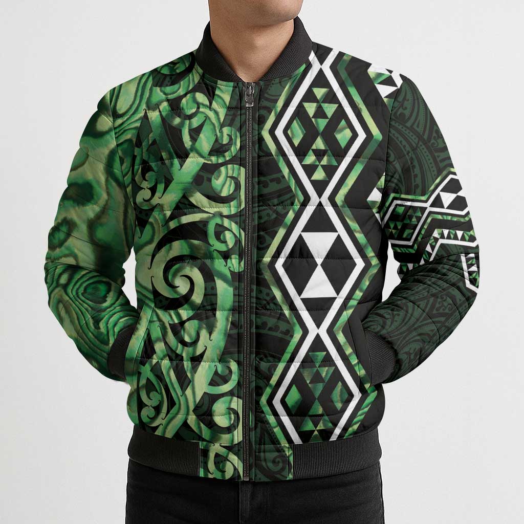Green Aotearoa Bomber Puffer Jacket Taniko Motifs With Paua Shell Kowhaiwhai - Aussie Hoodie