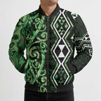Green Aotearoa Bomber Puffer Jacket Taniko Motifs With Paua Shell Kowhaiwhai - Aussie Hoodie