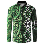 Green Aotearoa Button Sweatshirt Taniko Motifs With Paua Shell Kowhaiwhai