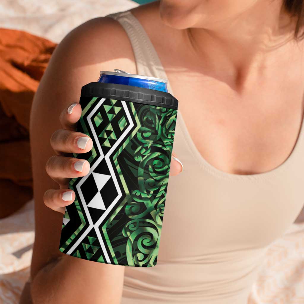 Green Aotearoa 4 in 1 Can Cooler Tumbler Taniko Motifs With Paua Shell Kowhaiwhai