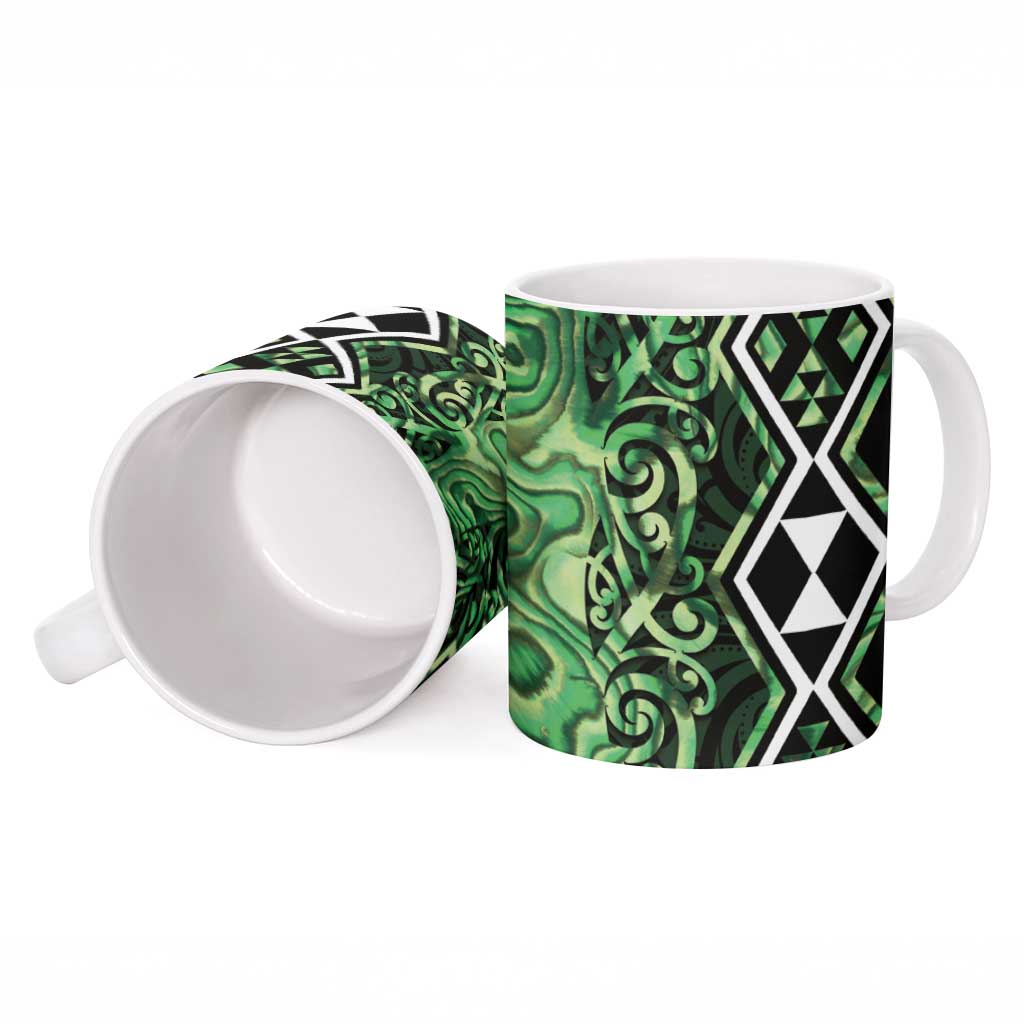 Green Aotearoa Ceramic Mug Taniko Motifs With Paua Shell Kowhaiwhai - Aussie Hoodie
