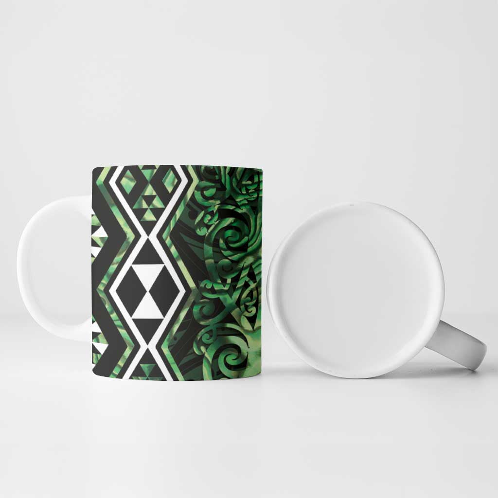 Green Aotearoa Ceramic Mug Taniko Motifs With Paua Shell Kowhaiwhai - Aussie Hoodie