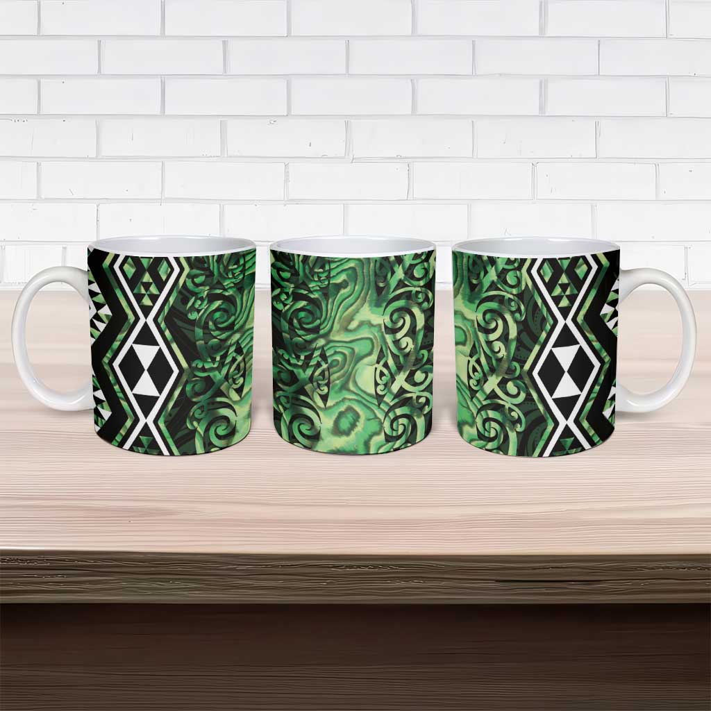 Green Aotearoa Ceramic Mug Taniko Motifs With Paua Shell Kowhaiwhai - Aussie Hoodie