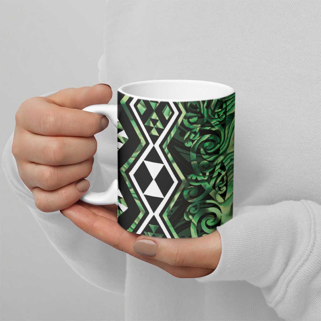 Green Aotearoa Ceramic Mug Taniko Motifs With Paua Shell Kowhaiwhai - Aussie Hoodie