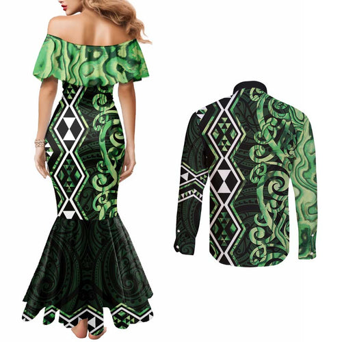 Green Aotearoa Couples Matching Mermaid Dress and Long Sleeve Button Shirt Taniko Motifs With Paua Shell Kowhaiwhai