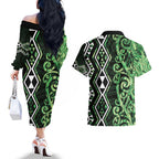 Green Aotearoa Couples Matching Off The Shoulder Long Sleeve Dress and Hawaiian Shirt Taniko Motifs With Paua Shell Kowhaiwhai
